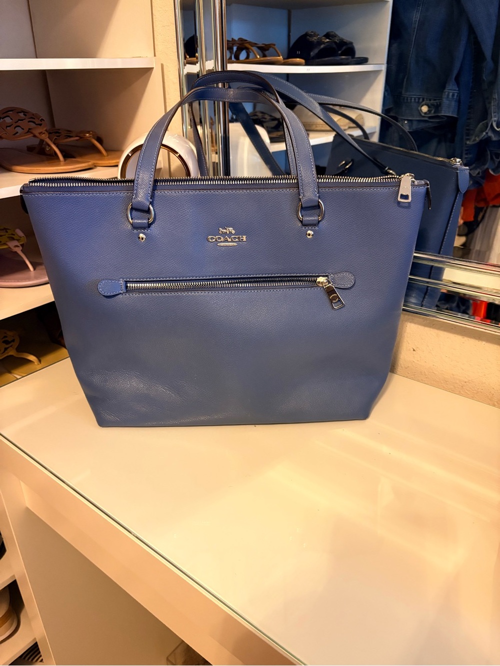 Coach Blue Leather Tote with Front Zip and Top Handles